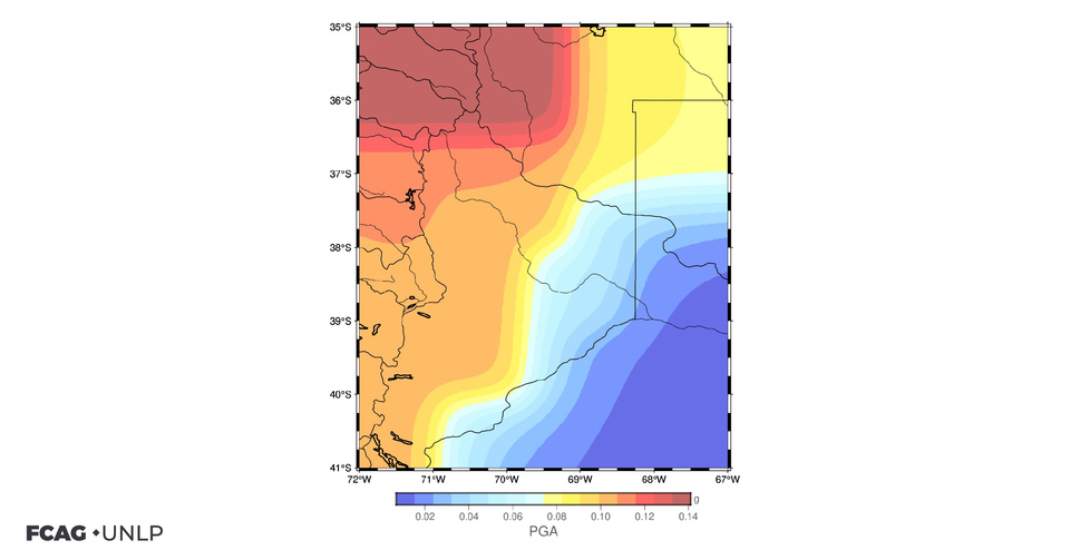 La imagen muestra el mapa de peligrosidad sísmica que desarrolló Andrea Rodríguez para la cuenca neuquina
