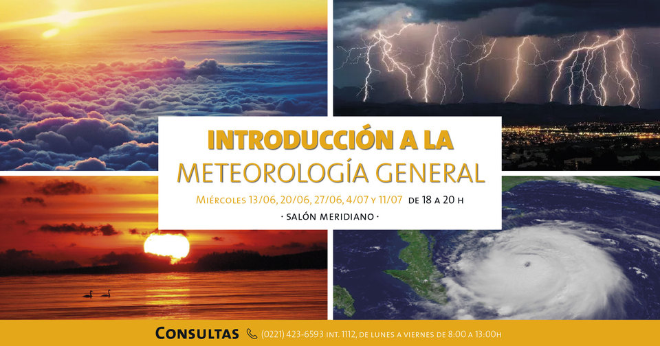La imagen corresponde a  la promoción del Curso sobre Meteorología con datos que figuran en el texto de la gacetilla. Hay imágenes de nubes, rayos.