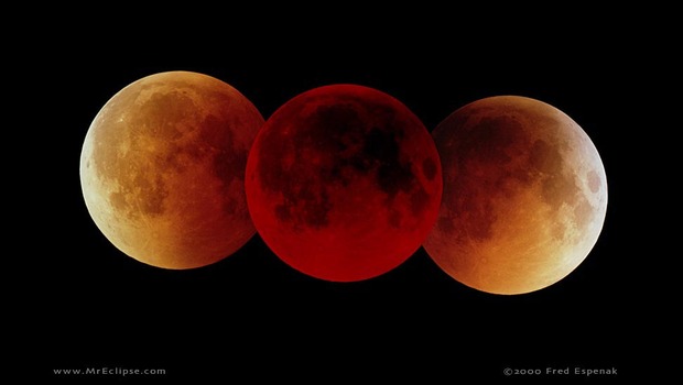 La imagen corresponde a un eclipse  total de Luna y su diferente coloración según ingresa en el cono de sombra.