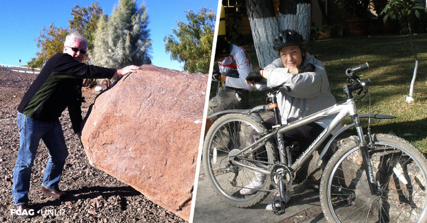 A la izq., Roberto Terlevich juega con las `rocas' que dejaron delante de la residencia en Paranal (Chile) los del film de James Bond ...Quantum of Solace. A la der., Elena está junto a una bicicleta reposando luego de  un paseo.