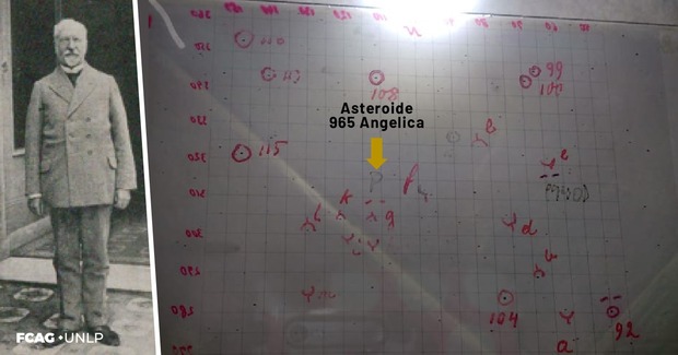 A la izq. se ve al Dr. Johannes Franz Hartmann en la puerta de ingreso al Observatorio de La Plata. Esta foto tomada en el Observatorio Astronómico de La Plata y publicada en la revista Atlántida el 23 de junio de 1921, número 168. A la der. se observa una placa fotográfica de "Angélica", obtenida el 4 de noviembre de 1921 con el telescopio Astrográfico del OALP. A la izq. se ve al Dr. Johannes Franz Hartmann en la puerta de ingreso al Observatorio de La Plata. Esta foto tomada en el Observatorio Astronómico de La Plata y publicada en la revista Atlántida el 23 de junio de 1921, número 168. A la der. se observa una placa fotográfica de "Angélica", obtenida el 4 de noviembre de 1921 con el telescopio Astrográfico del OALP.