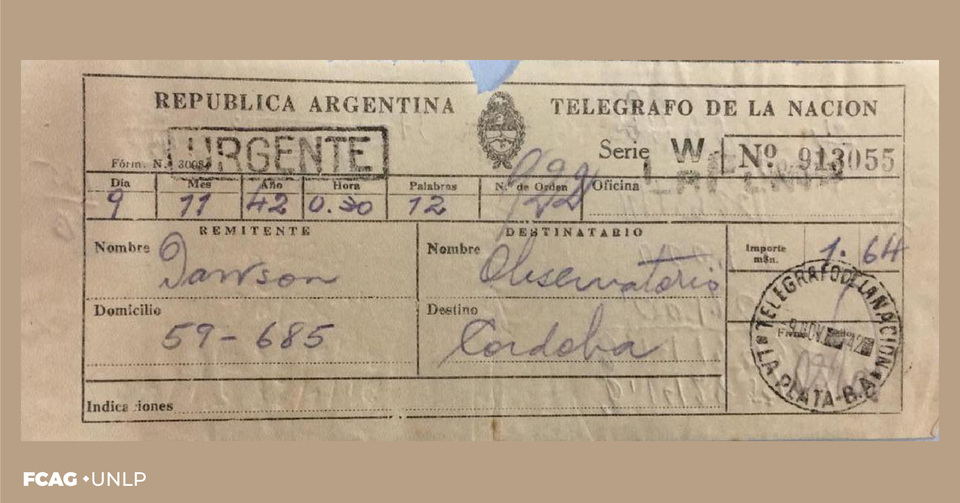 Comprobante del telegrama enviado por B. H. Dawson al Observatorio de Córdoba
